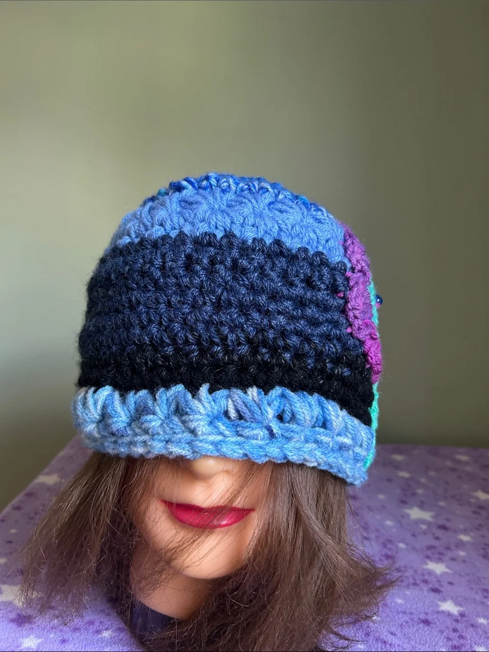 Crocheted Blue & Purple Flower Beanie medium acrylic beanie